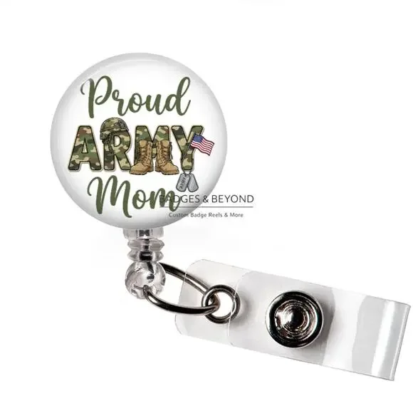 Proud Army Mom Badge Reel | Military Family Retractable ID Name Tag Holder - Picture 1 of 5